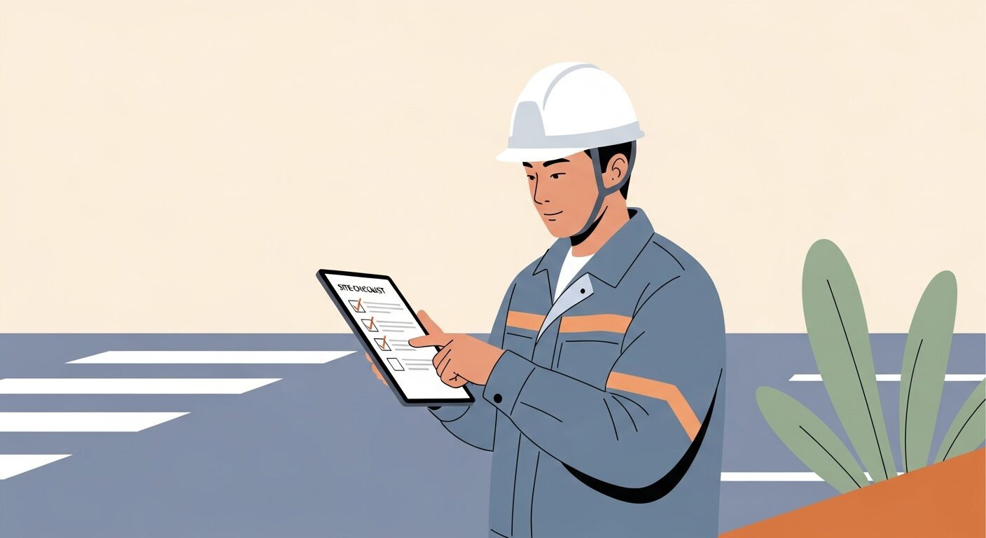 区画線工事現場で現場スタッフがタブレットで施工管理に集中するシーン
